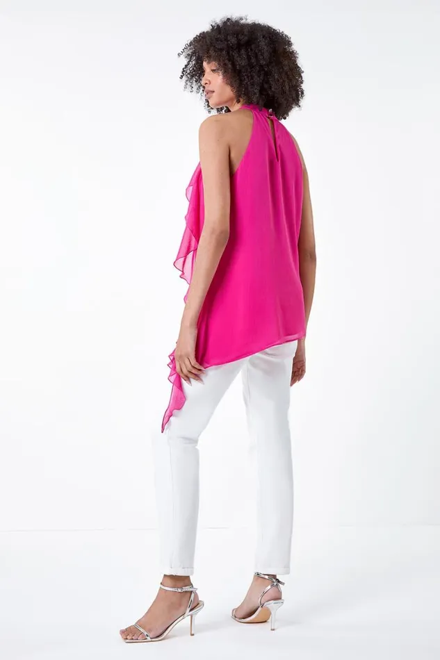 Women Cerise Halterneck Asymmetric Frill Detail Top Roman Tops
