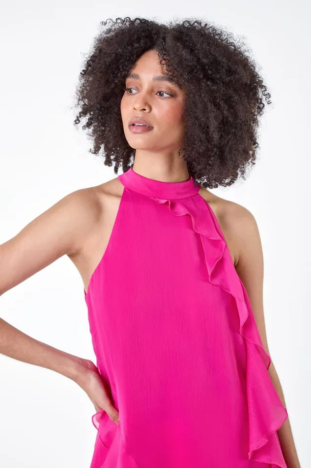 Women Cerise Halterneck Asymmetric Frill Detail Top Roman Tops