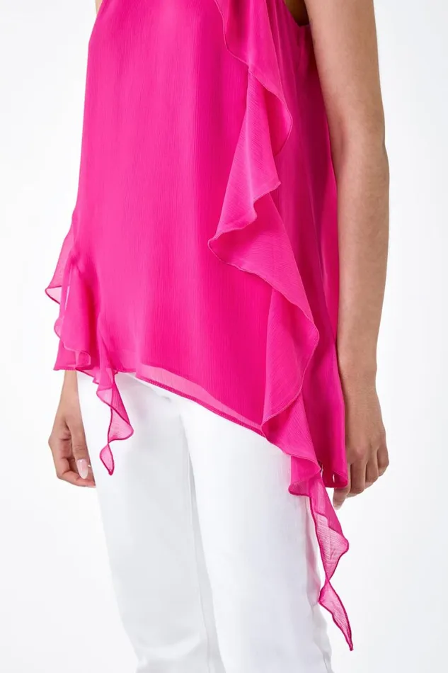 Women Cerise Halterneck Asymmetric Frill Detail Top Roman Tops