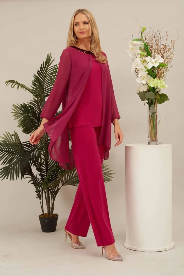 Women Cerise Julianna Chiffon Embellished Top and Trouser Set Roman Tops
