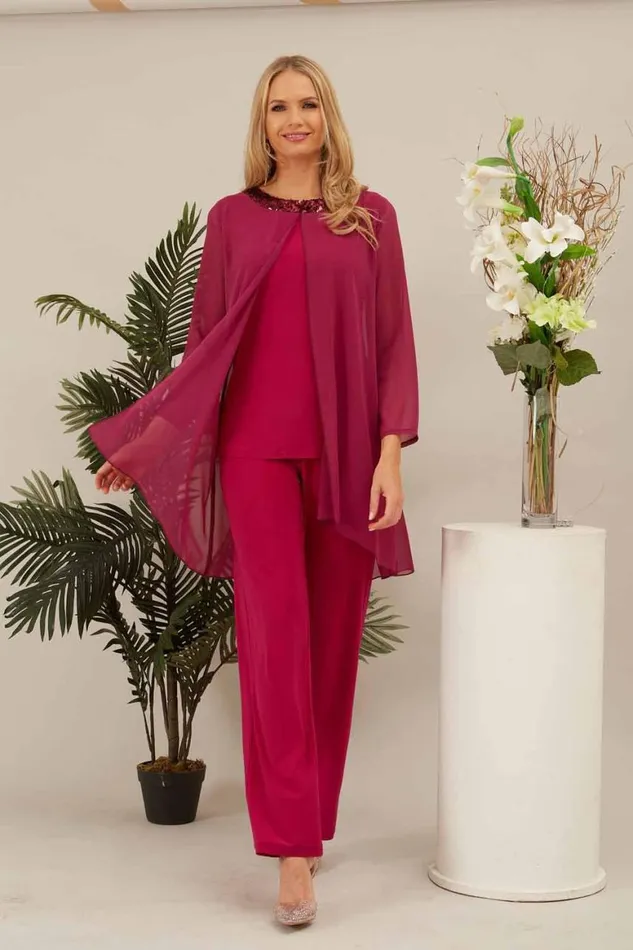 Women Cerise Julianna Chiffon Embellished Top and Trouser Set Roman Tops