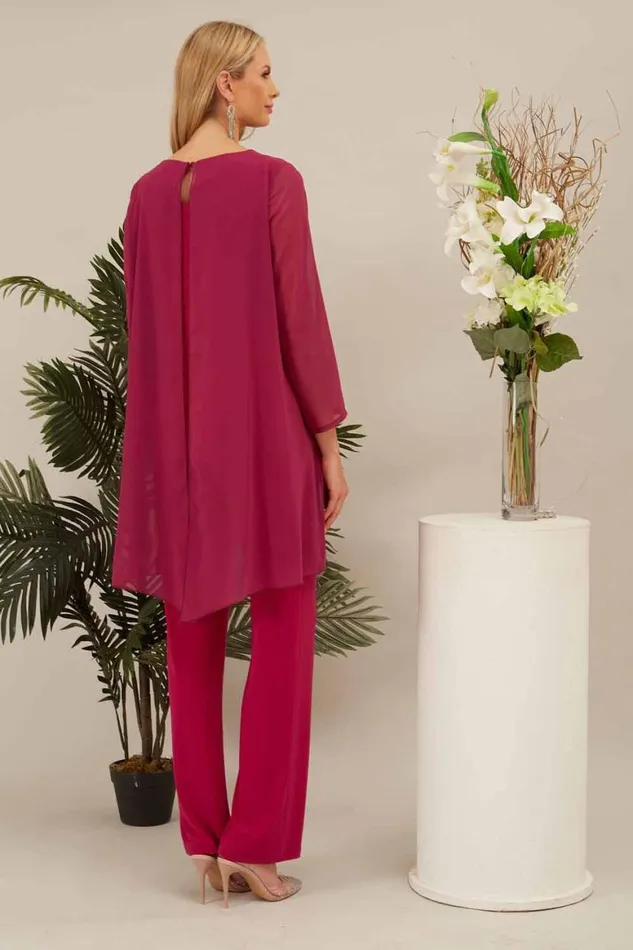 Women Cerise Julianna Chiffon Embellished Top and Trouser Set Roman Tops