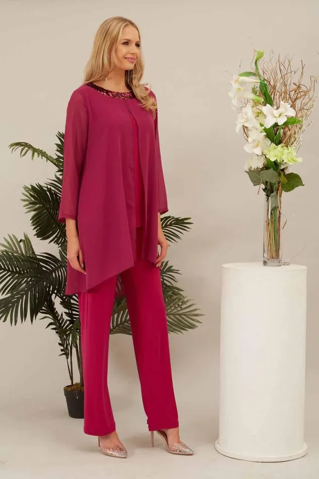 Women Cerise Julianna Chiffon Embellished Top and Trouser Set Roman Tops