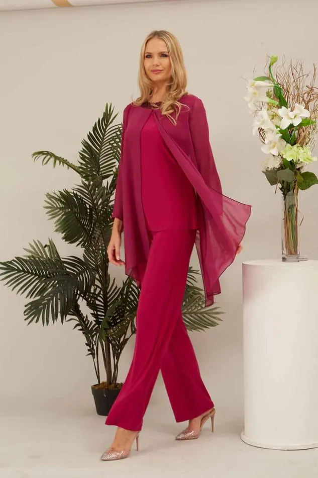 Women Cerise Julianna Chiffon Embellished Top and Trouser Set Roman Tops
