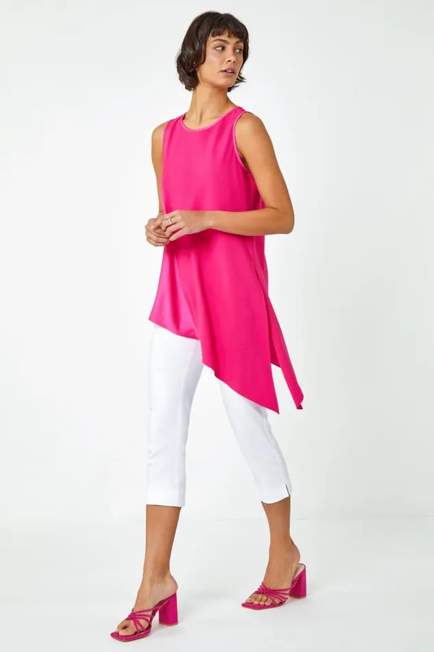 Women Cerise Satin Contrast Asymmetric Chiffon Tunic Top Roman Tops