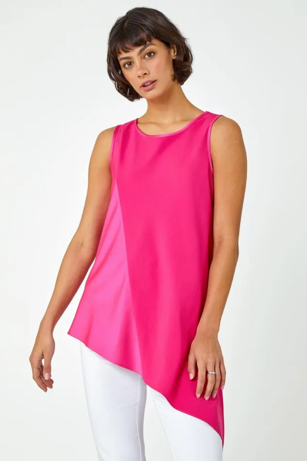 Women Cerise Satin Contrast Asymmetric Chiffon Tunic Top Roman Tops