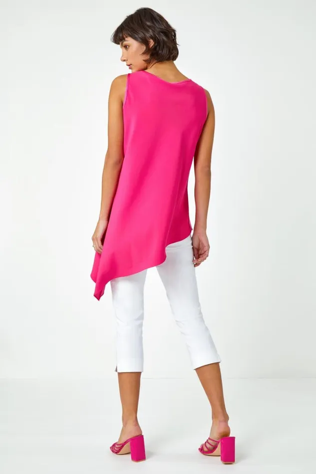 Women Cerise Satin Contrast Asymmetric Chiffon Tunic Top Roman Tops
