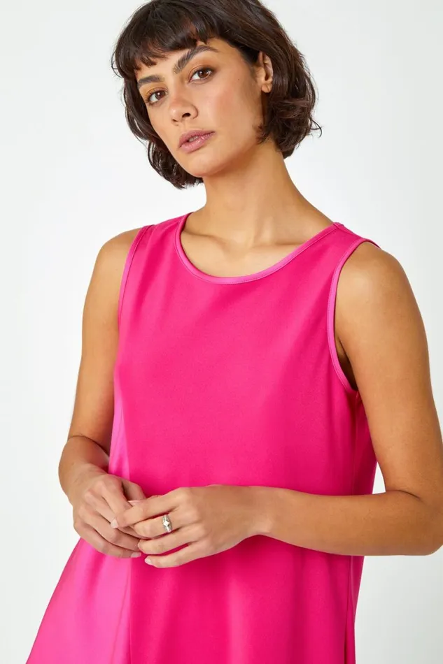 Women Cerise Satin Contrast Asymmetric Chiffon Tunic Top Roman Tops