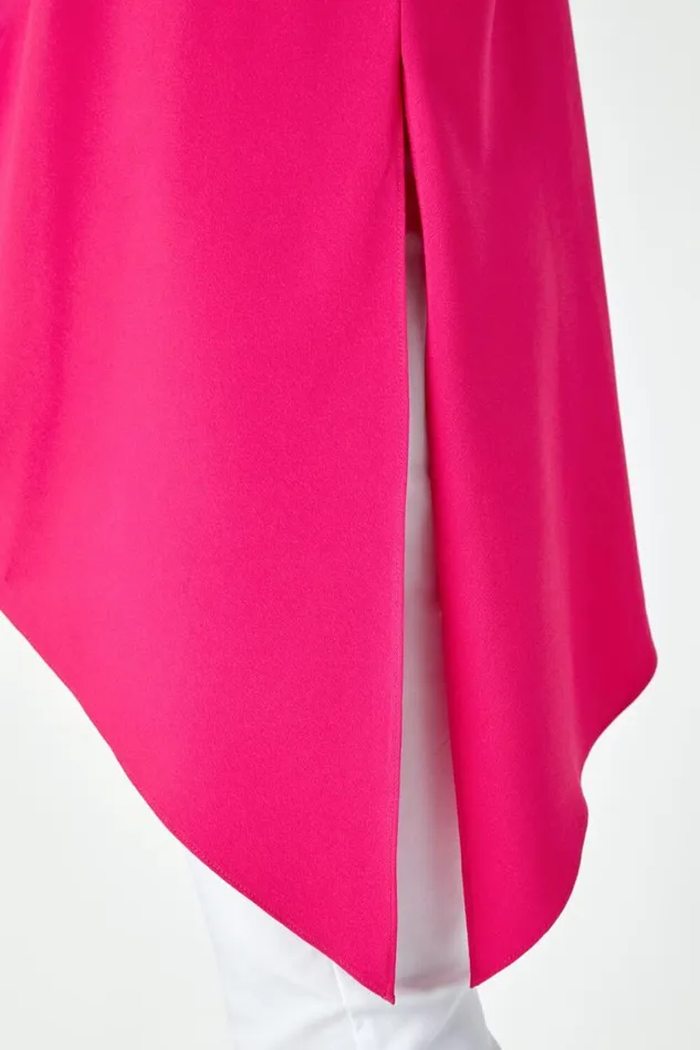 Women Cerise Satin Contrast Asymmetric Chiffon Tunic Top Roman Tops