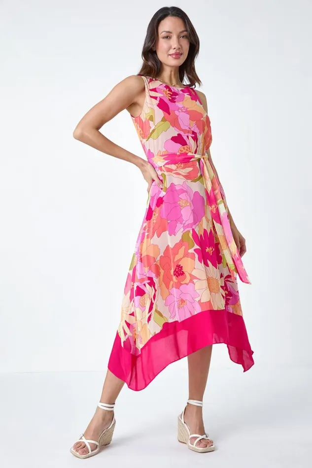 Women Cerise Sleeveless Floral Chiffon Hanky Hem Dress Roman Dresses