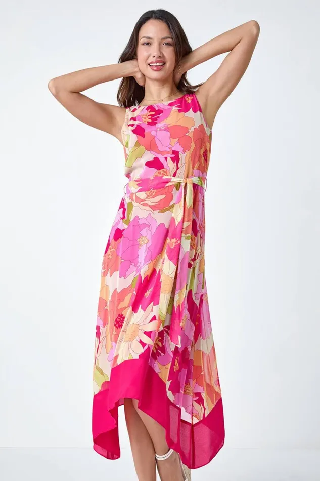 Women Cerise Sleeveless Floral Chiffon Hanky Hem Dress Roman Dresses