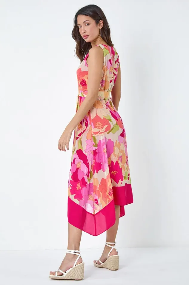 Women Cerise Sleeveless Floral Chiffon Hanky Hem Dress Roman Dresses