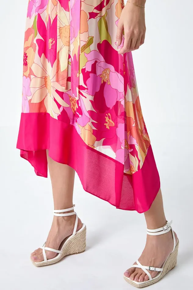 Women Cerise Sleeveless Floral Chiffon Hanky Hem Dress Roman Dresses