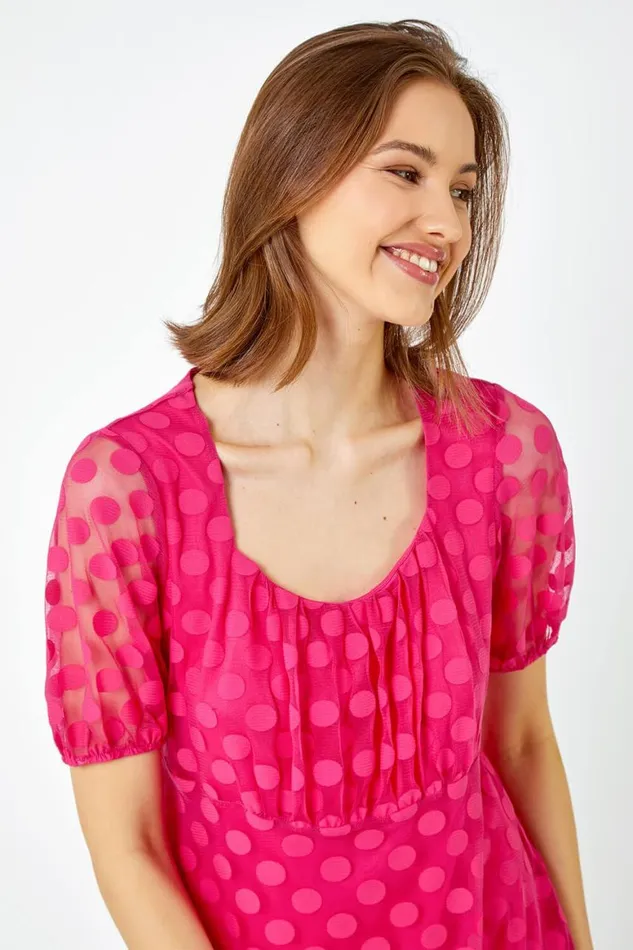 Women Cerise Textured Spot Print Smock Top Roman Tops