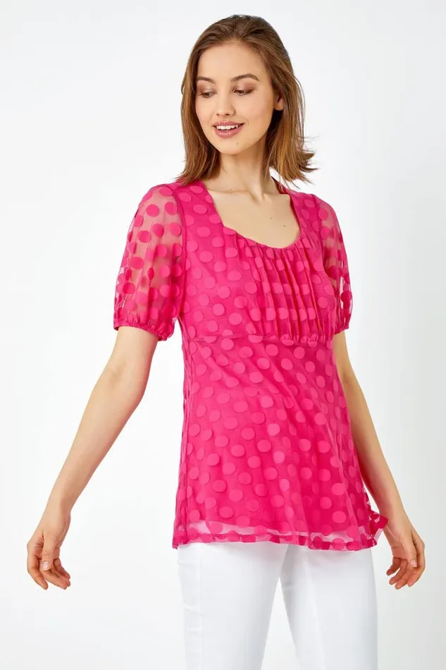 Women Cerise Textured Spot Print Smock Top Roman Tops