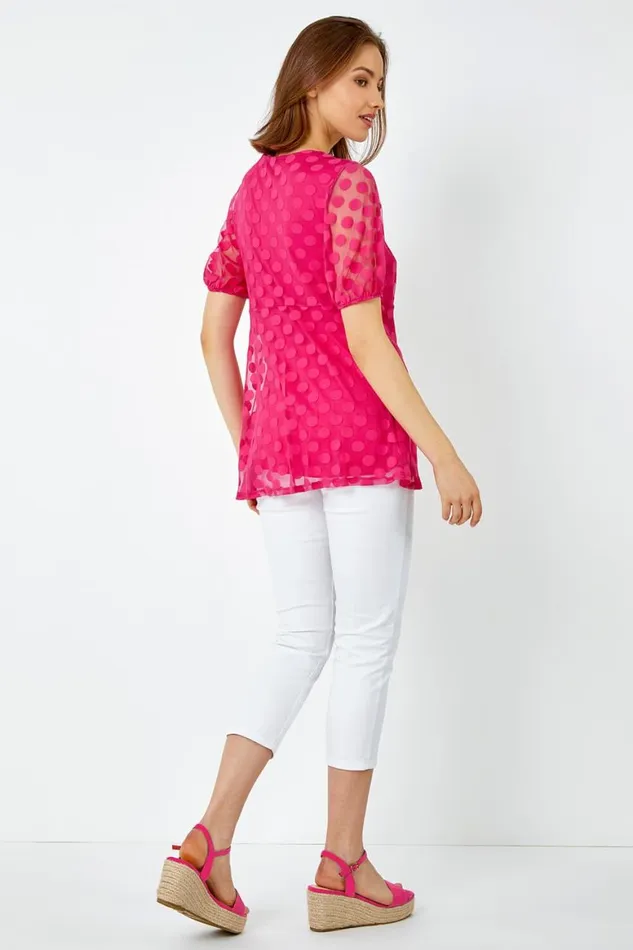 Women Cerise Textured Spot Print Smock Top Roman Tops