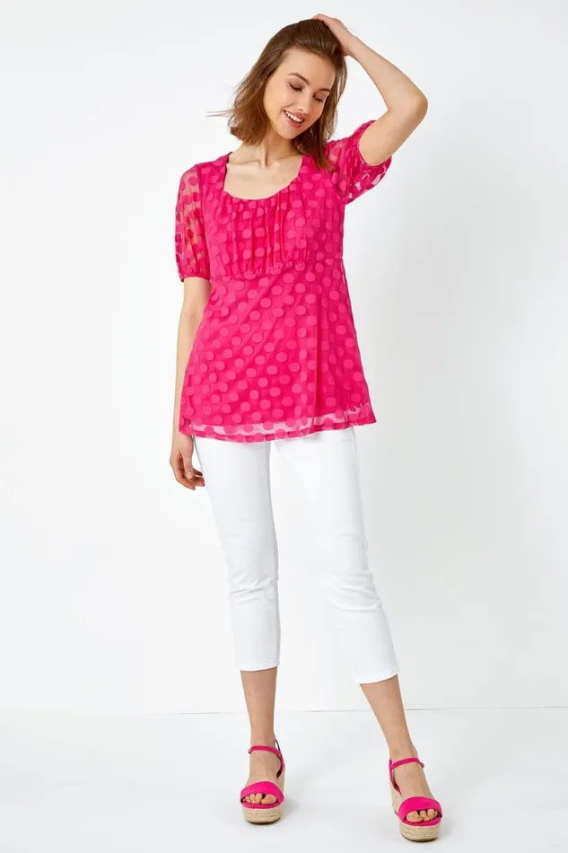 Women Cerise Textured Spot Print Smock Top Roman Tops