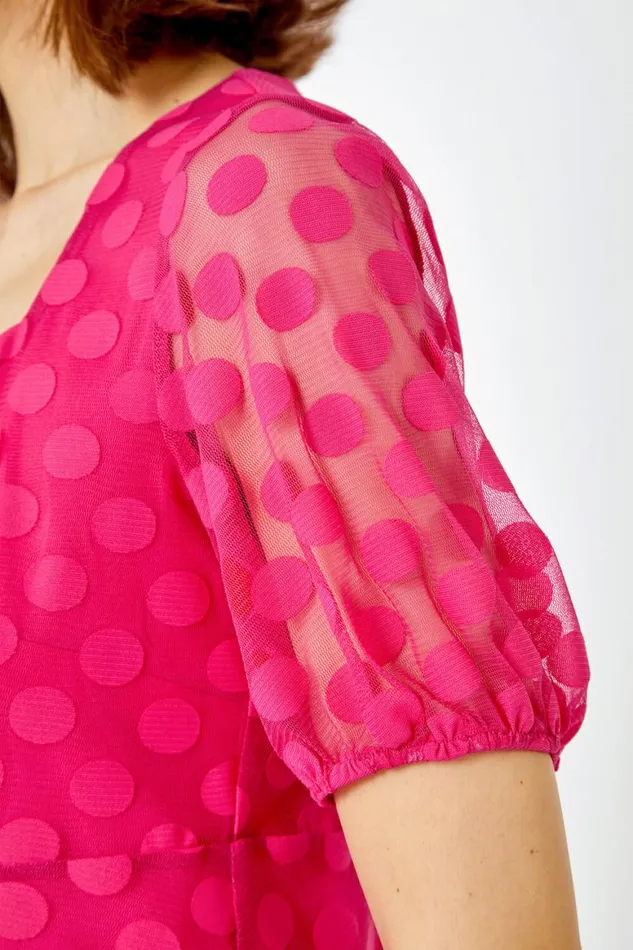 Women Cerise Textured Spot Print Smock Top Roman Tops