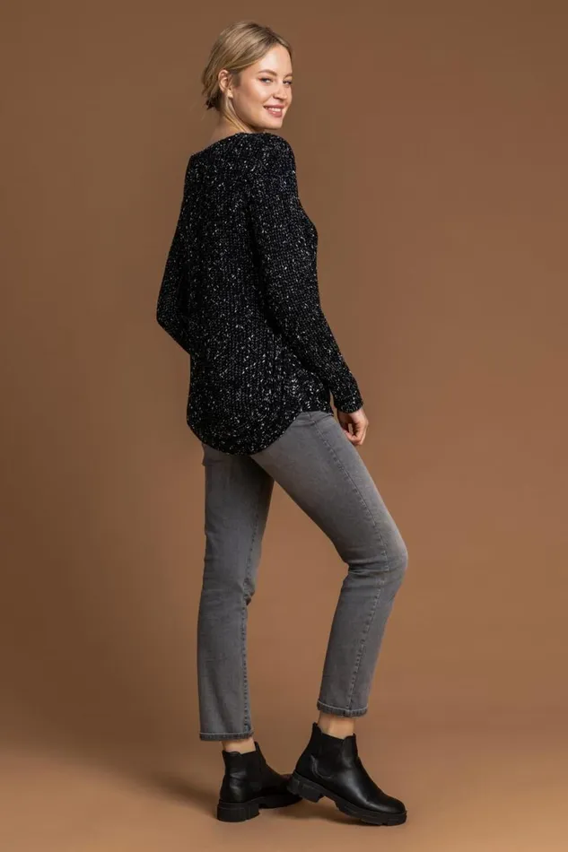 Women Charcoal Curved Hem Stitch Detail Jumper Roman Knitwear