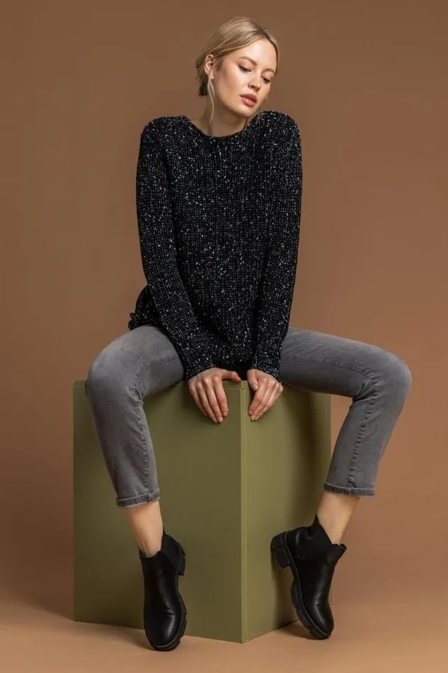 Women Charcoal Curved Hem Stitch Detail Jumper Roman Knitwear