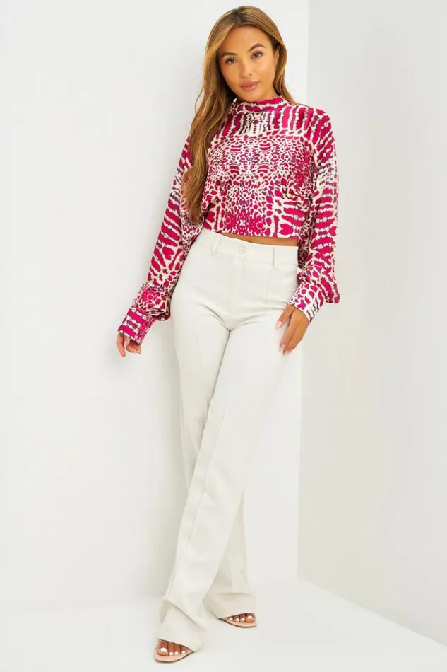 Women Chemise Courte Satine Bleue Crop Col Montant Imprim Animalier Pink Brentiny Paris Shirts and Blouses Women Chemise Courte Satine Bleue Crop Col Montant Imprim Animalier Pink Brentiny Paris Shirts and Blouses