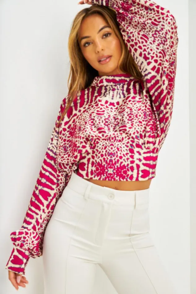Women Chemise Courte Satine Bleue Crop Col Montant Imprim Animalier Pink Brentiny Paris Shirts and Blouses Women Chemise Courte Satine Bleue Crop Col Montant Imprim Animalier Pink Brentiny Paris Shirts and Blouses