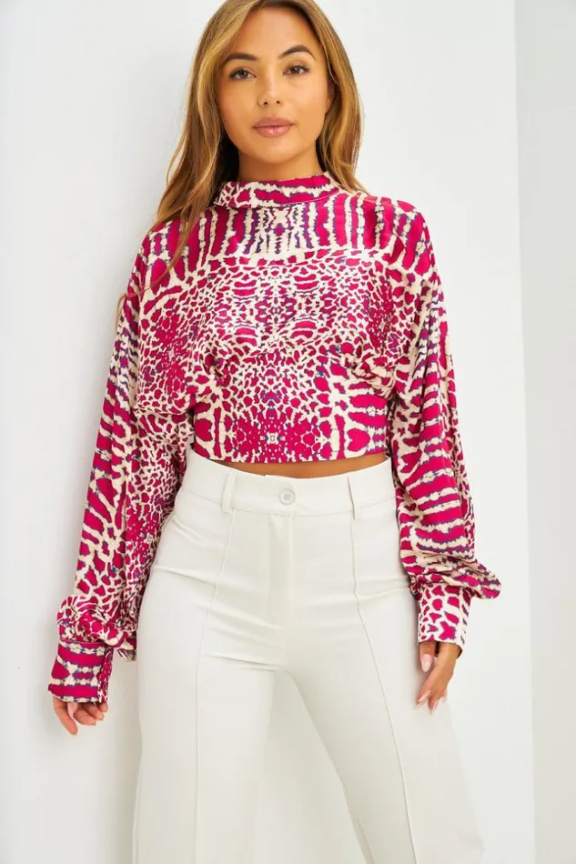 Women Chemise Courte Satine Bleue Crop Col Montant Imprim Animalier Pink Brentiny Paris Shirts and Blouses Women Chemise Courte Satine Bleue Crop Col Montant Imprim Animalier Pink Brentiny Paris Shirts and Blouses