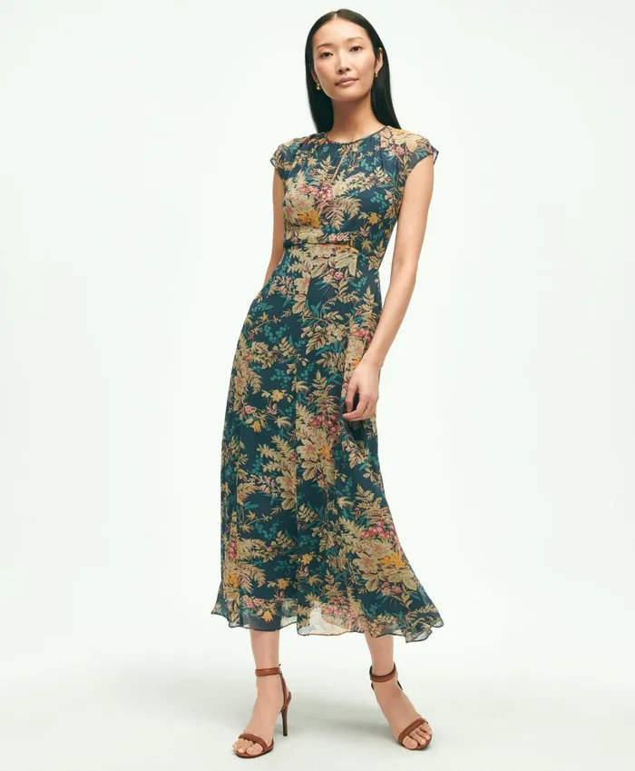 Women Chiffon ShortSleeve Fern Print Dress Green Multi Brooks Brothers Dresses