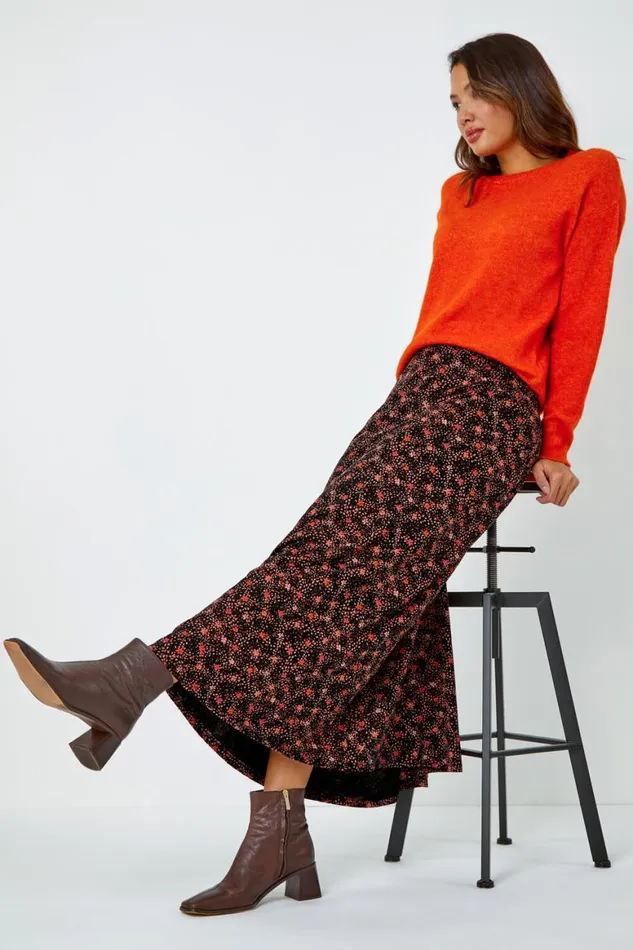 Women Chocolate Cotton Blend Ditsy Midi Elastic Waist Skirt Roman Skirts