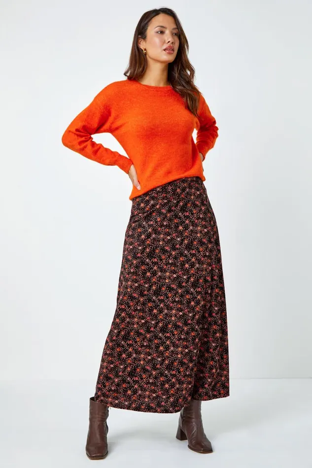 Women Chocolate Cotton Blend Ditsy Midi Elastic Waist Skirt Roman Skirts