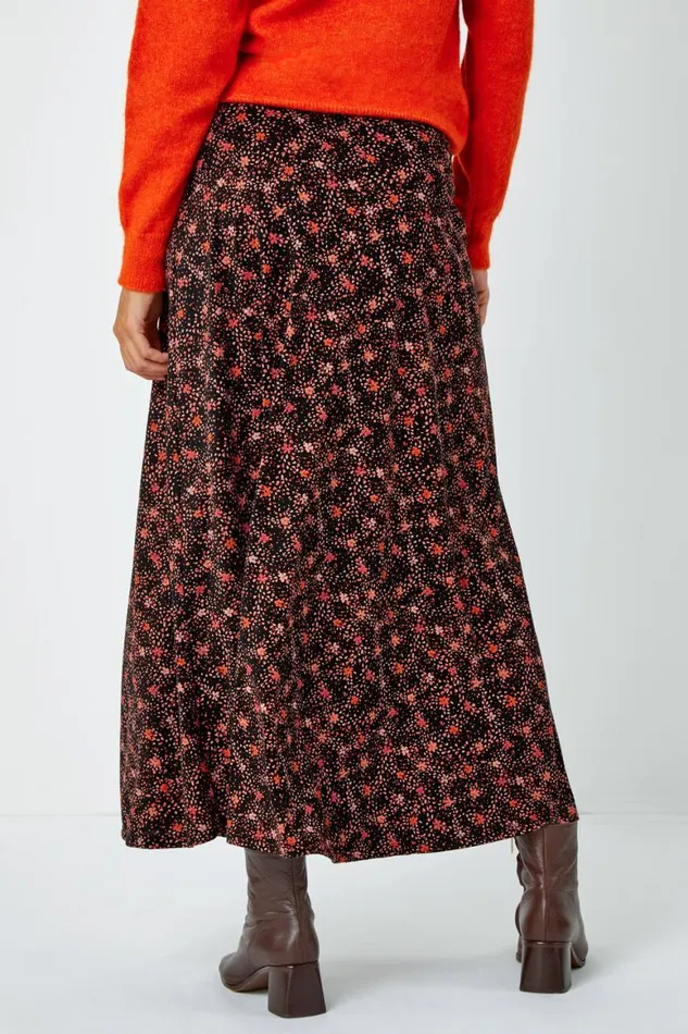 Women Chocolate Cotton Blend Ditsy Midi Elastic Waist Skirt Roman Skirts