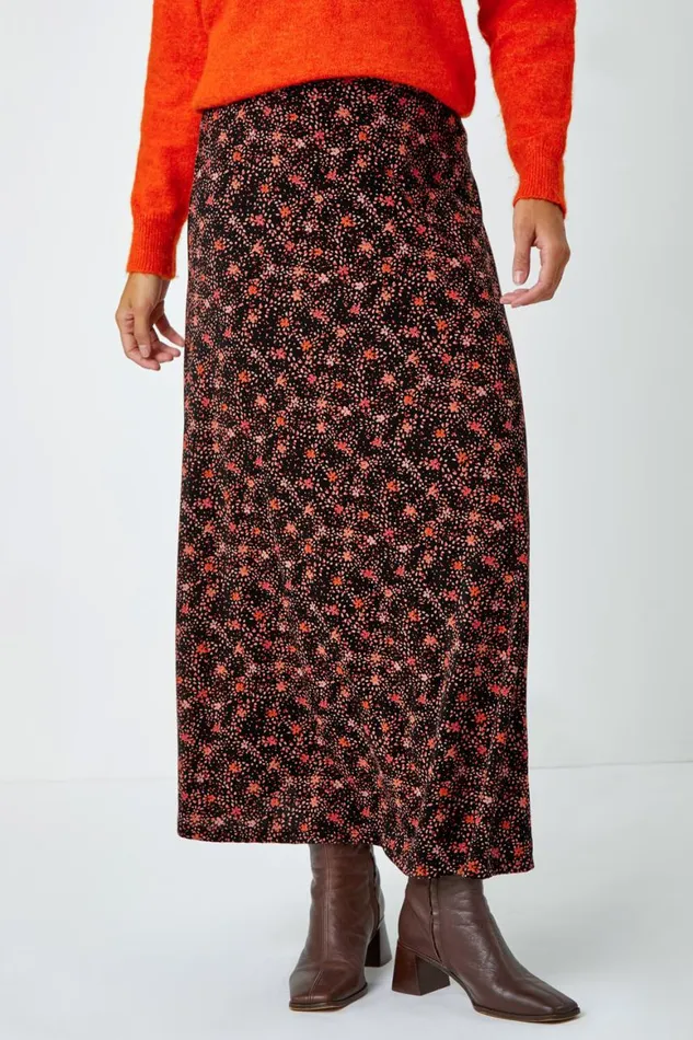 Women Chocolate Cotton Blend Ditsy Midi Elastic Waist Skirt Roman Skirts