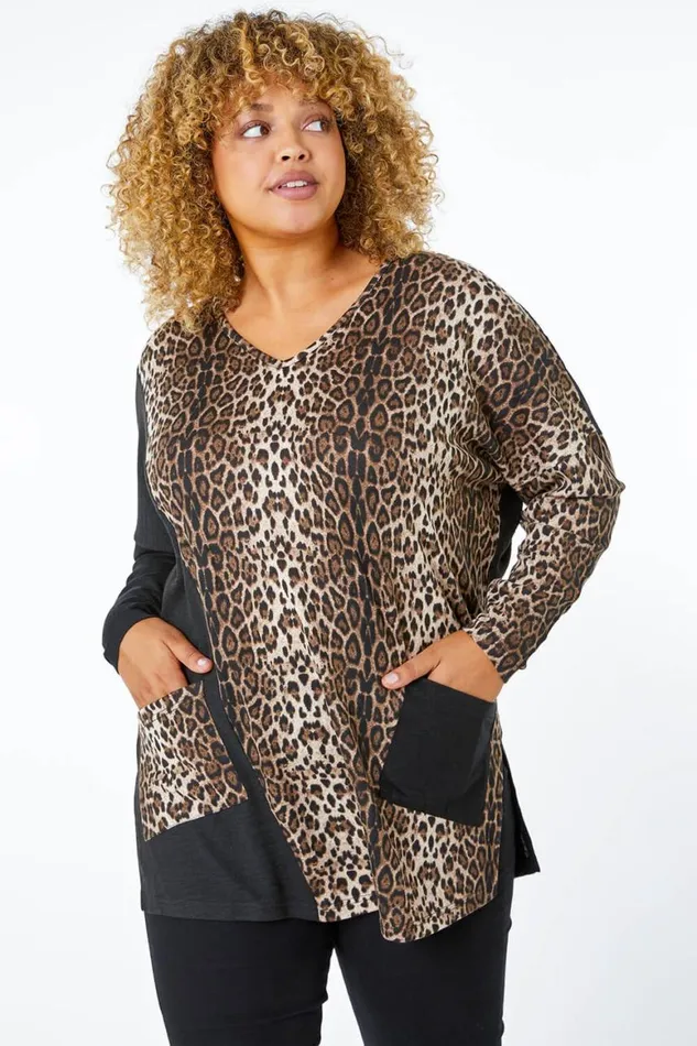 Women Chocolate Curve Animal Contrast VNeck Pocket Tunic Top Roman Tops