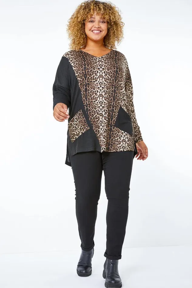 Women Chocolate Curve Animal Contrast VNeck Pocket Tunic Top Roman Tops