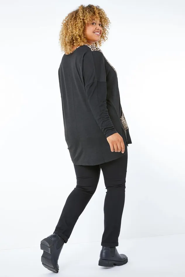 Women Chocolate Curve Animal Contrast VNeck Pocket Tunic Top Roman Tops
