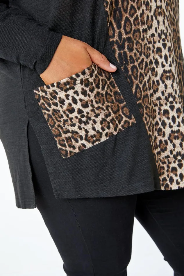 Women Chocolate Curve Animal Contrast VNeck Pocket Tunic Top Roman Tops