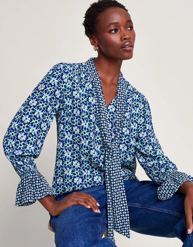 Women Clover Print Pussybow Blouse Blue Monsoon Tops and Blouses