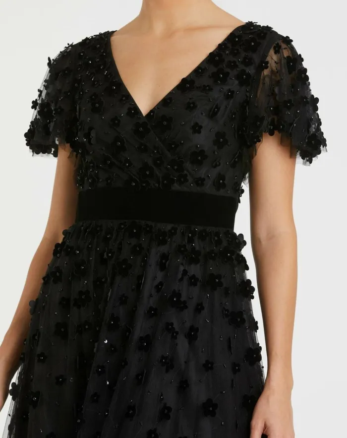 Women Cocktail Dresses Mac Duggal Black Embellished Butterfly Sleeve Velvet Hem Midi Dress Black