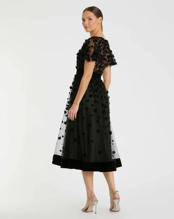 Women Cocktail Dresses Mac Duggal Black Embellished Butterfly Sleeve Velvet Hem Midi Dress Black