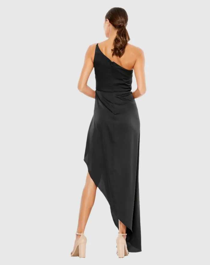 Women Cocktail Dresses Mac Duggal Black One Shoulder HiLow Draped Charmeuse Dress Black