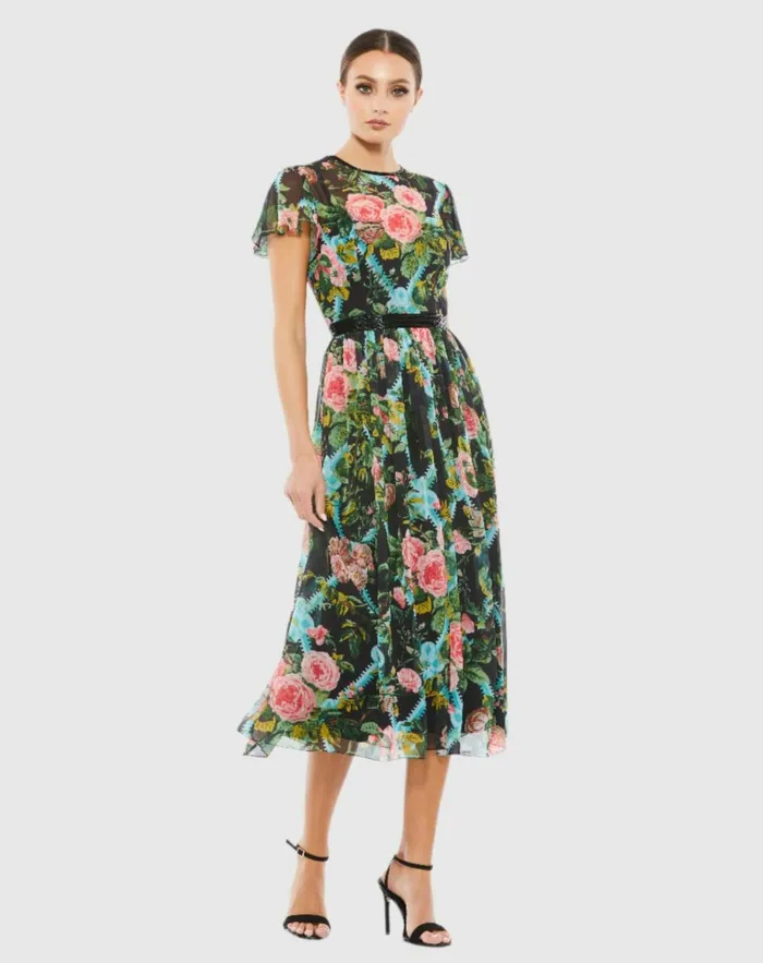 Women Cocktail Dresses Mac Duggal Floral Illusion Cap Sleeve Midi Dress Black Multi