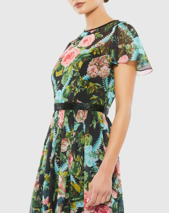 Women Cocktail Dresses Mac Duggal Floral Illusion Cap Sleeve Midi Dress Black Multi