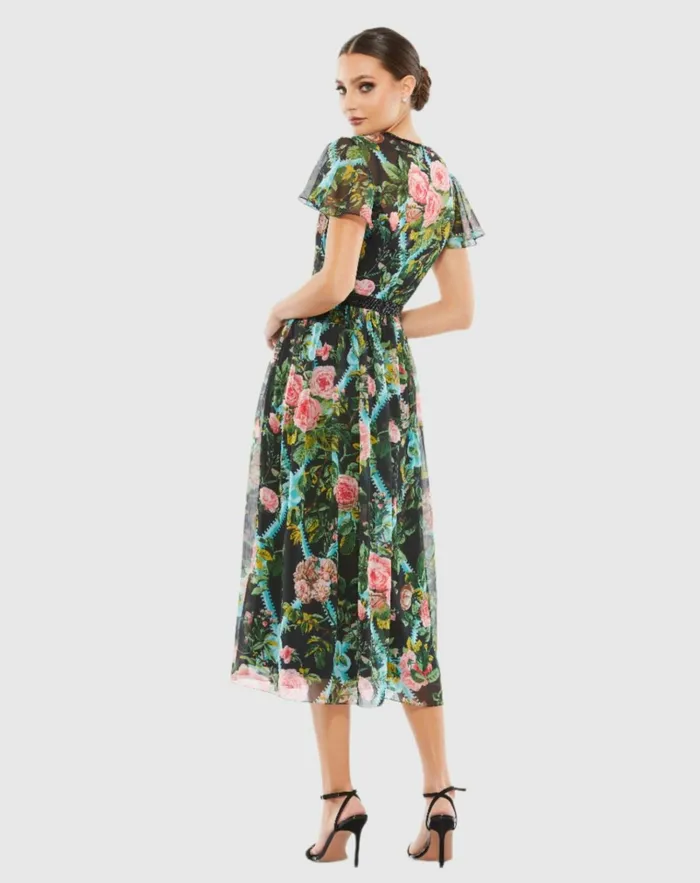 Women Cocktail Dresses Mac Duggal Floral Illusion Cap Sleeve Midi Dress Black Multi
