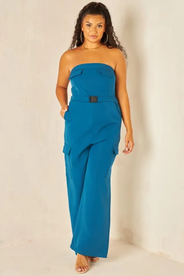 Women CombiPantalon Bustier Cargo Bleu Ptrole Blue Brentiny Paris Playsuits