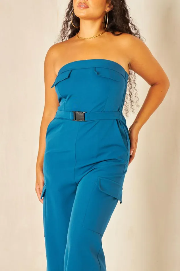 Women CombiPantalon Bustier Cargo Bleu Ptrole Blue Brentiny Paris Playsuits