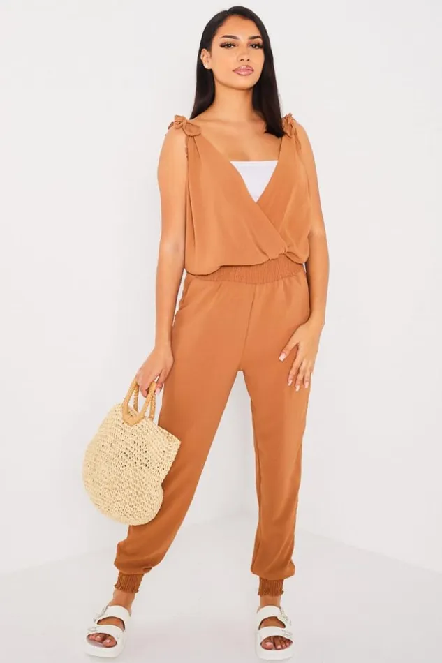 Women Combinaison Pantalon Camel Fluide Manches Nou Camel Brentiny Paris Playsuits