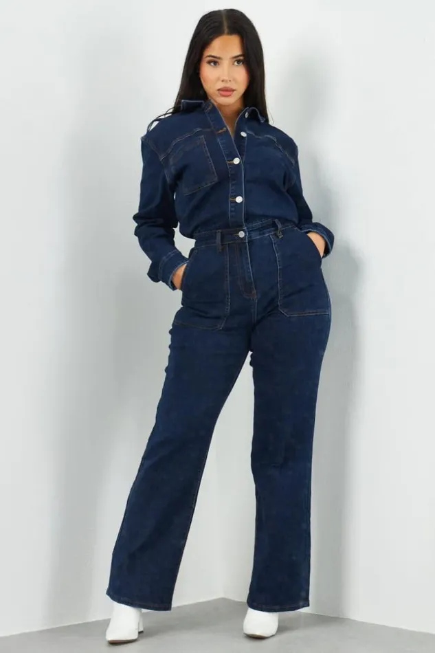 Women Combinaison Pantalon En Jean Bleu Fonc Blue Brentiny Paris Playsuits