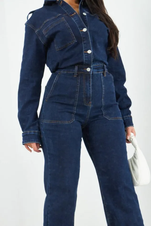 Women Combinaison Pantalon En Jean Bleu Fonc Blue Brentiny Paris Playsuits