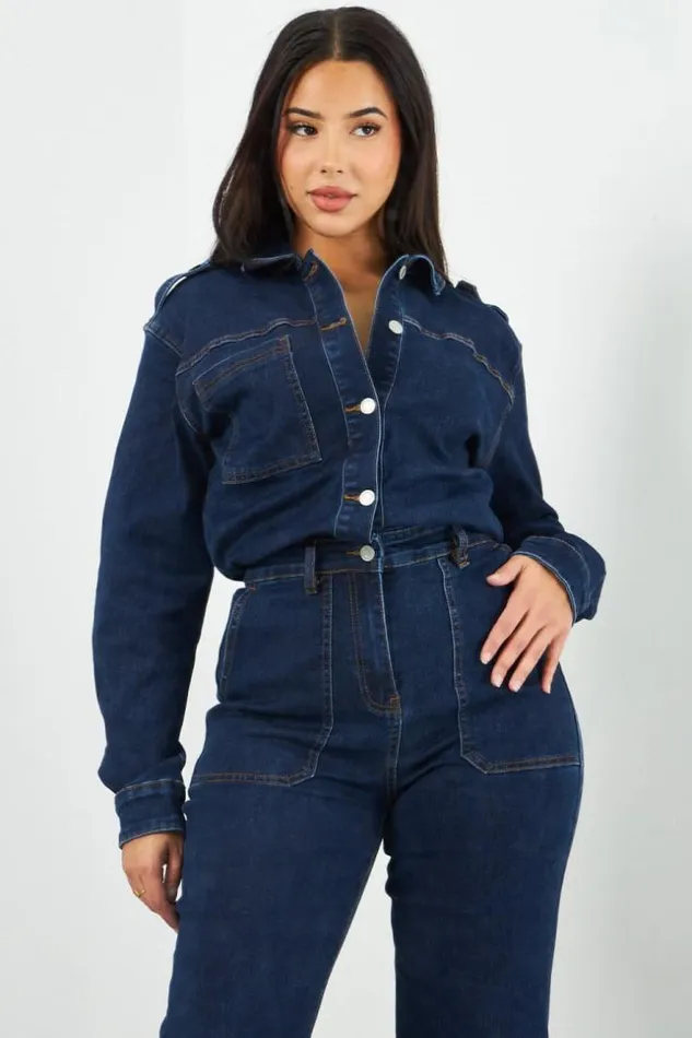 Women Combinaison Pantalon En Jean Bleu Fonc Blue Brentiny Paris Playsuits