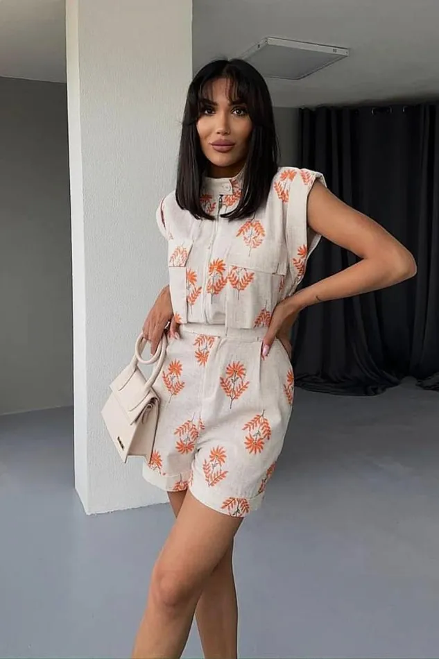 Women Combishort Beige Motif Fleuri Orange Beige Brentiny Paris Playsuits